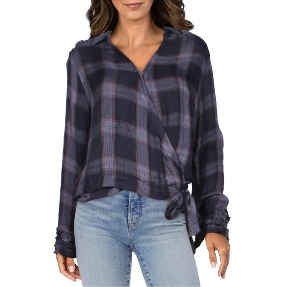 Vintage Havana Navy Frayed Plaid Blouse Wrap Top Shirt EUC - Picture 1 of 9